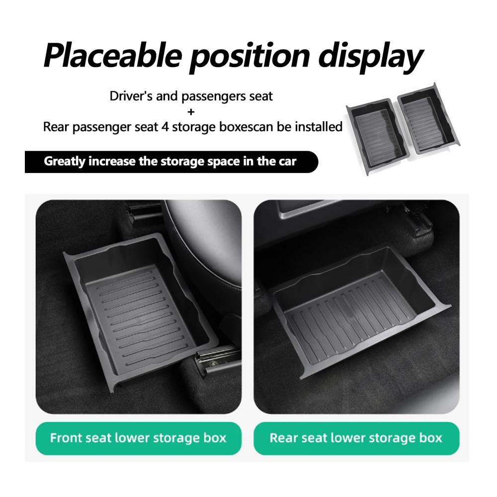 Optimieren Sie Ihr Tesla Model Y mit 2PCS Untersitzkonsolen Aufbewahrungsboxen - TPE ABS Doppelter verdeckter Organizer für noch mehr Stauraum! Ideales Zubehör für den Innenraum mit unter den vorderen Sitzen verstecktem Fach. Entdecken Sie cleveres Design und Organisation für Ihren Tesla