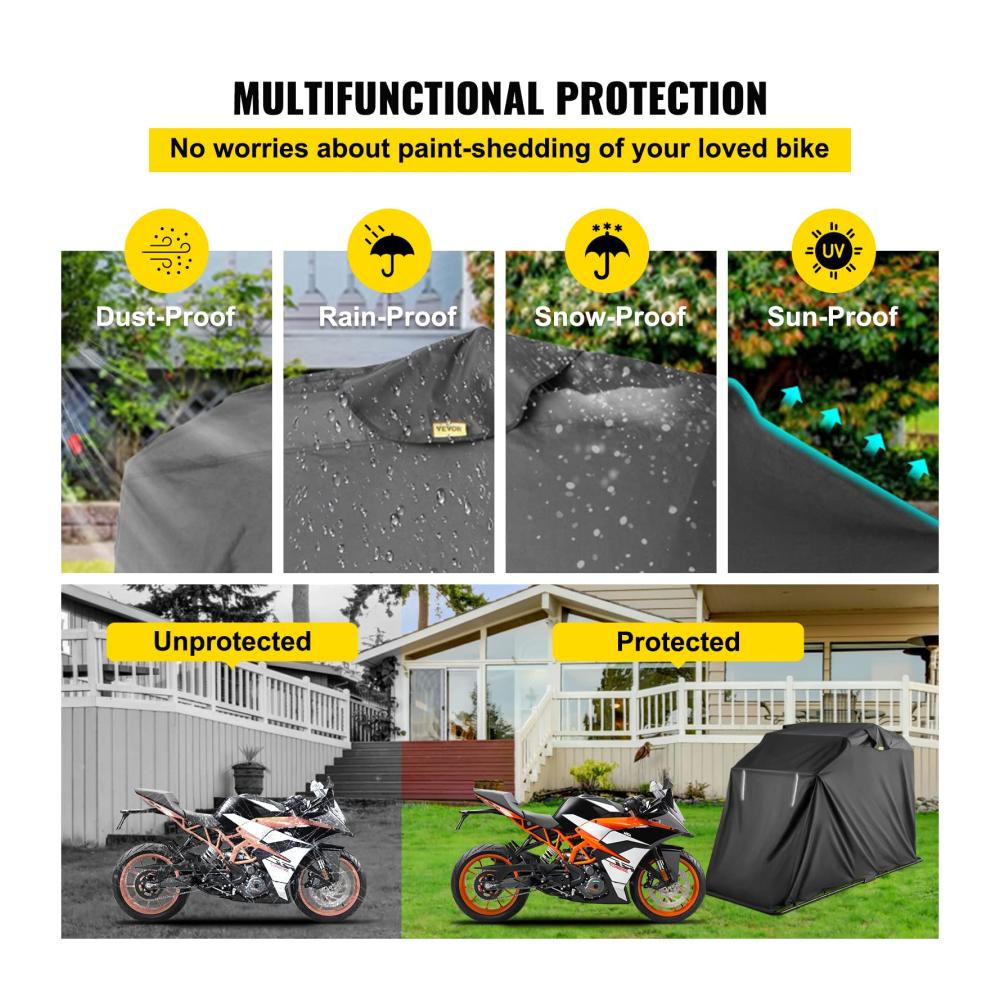 Hochwertige Motorradgarage 270 x 105 x 155cm – Robuste Abdeckung für Ihr Motorrad – XL Schutzplane in Schwarz – Optimaler Schutz vor Witterungseinflüssen – Neue Maße für eine perfekte Passform