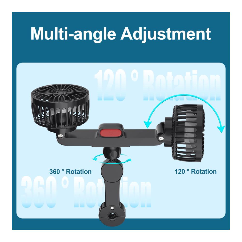 Tragbarer USB-Autolüfter mit Doppelkopf 3 Geschwindigkeiten & 360°-Drehung - Clip-Fan für Limousinen SUVs & Wohnmobile - Ideal für unterwegs