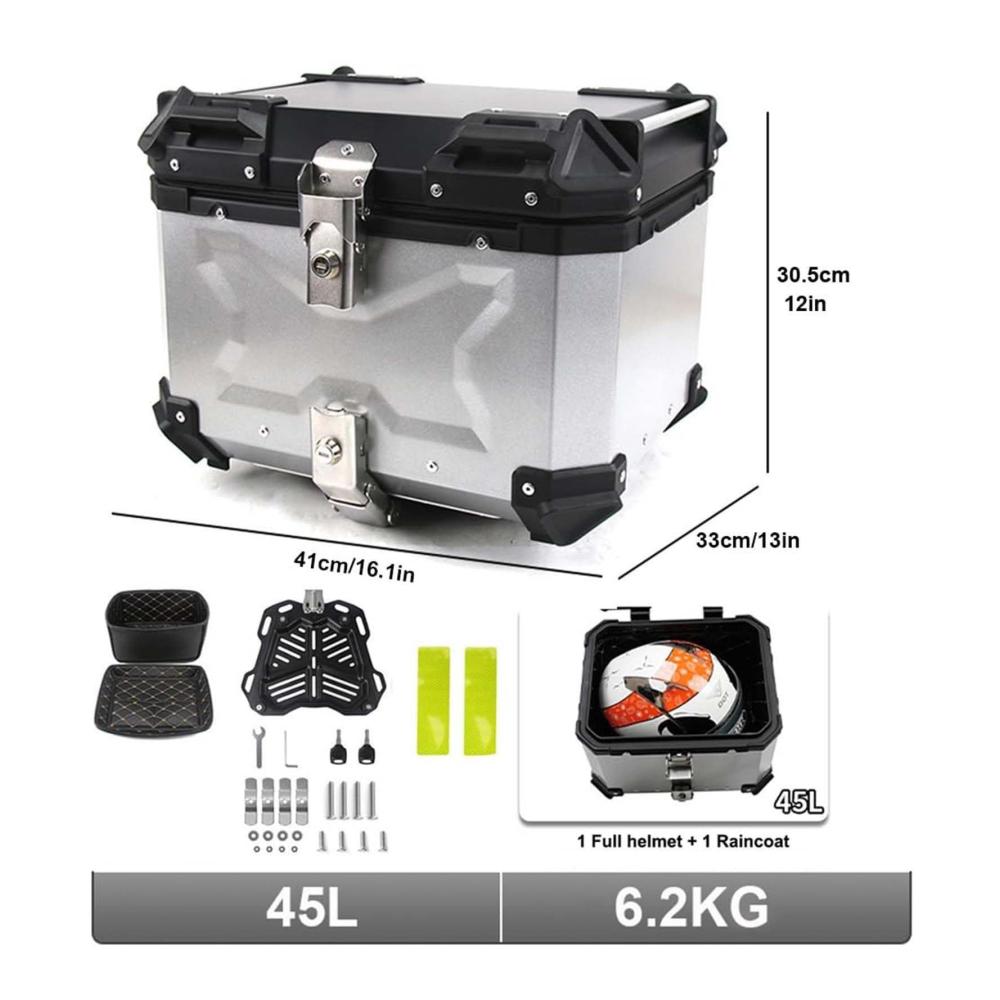 Entdecken Sie Stil und Funktion mit YEMELI Leder & Satteltaschen Motorrad Top Box – Robuste Aluminiumkonstruktion 45-100L Kapazität Sicherheitsschloss ideale Helm- und Zubehöraufbewahrung – Silber. Erleben Sie Premium-Motorradkoffer