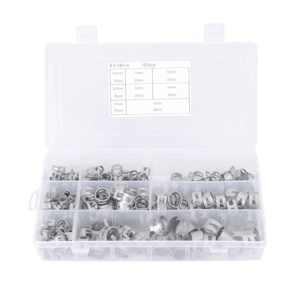 Hochwertiges 160-teiliges Klemmen-Set für Automobile und Rohre | 8 Größen Federband-Schellen mit Box | Ideal für Kraftstoff- und Silikonschläuche | Robuste Niederdruck-Luft-Clip-Klemmen für Vielseitigkeit