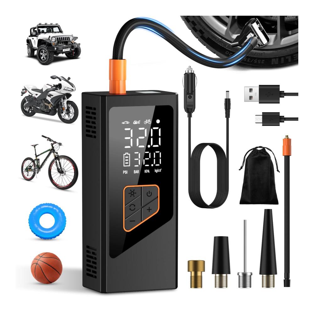 Hochleistungs-Akku-Luftpumpe 7800mAh | Elektrische Reifenkompressor und Fahrradpumpe mit Manometer | Tragbare 150PSI Luftkompressor für Auto Fahrrad Motorrad und mehr