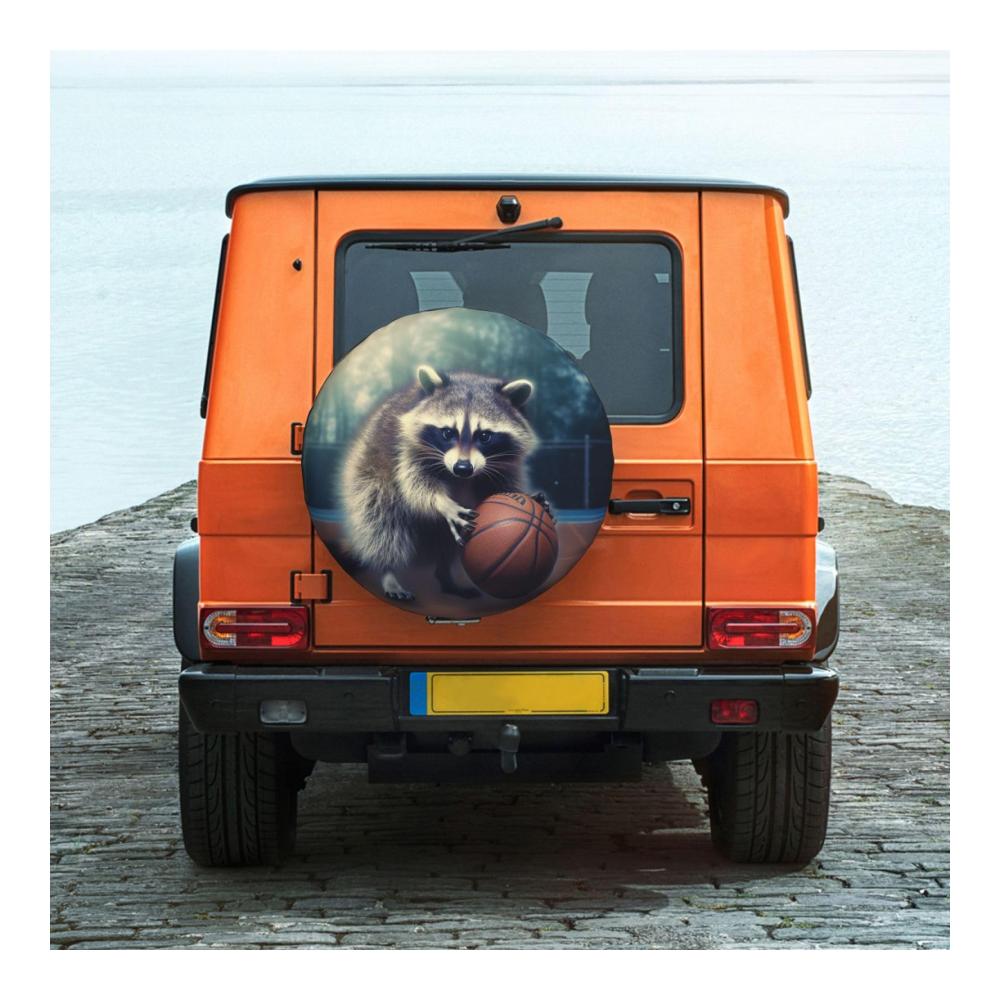 Witzige Ersatzradabdeckung für Wohnmobile & Anhänger mit lustigem Waschbär-Basketball-Design | Universeller Radschutz wetterfest für SUVs LKWs Camper & Reisen | Ø 381 cm