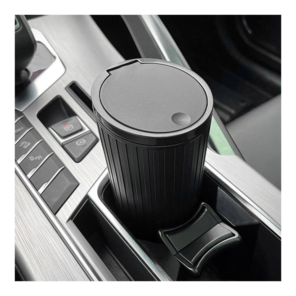 Praktischer Auto Mülleimer mit Deckel und Becherhalter | Mini Abfalleimer für Fahrzeug und Zuhause | Idealer Getränkehalter für unterwegs | Schwarz (01