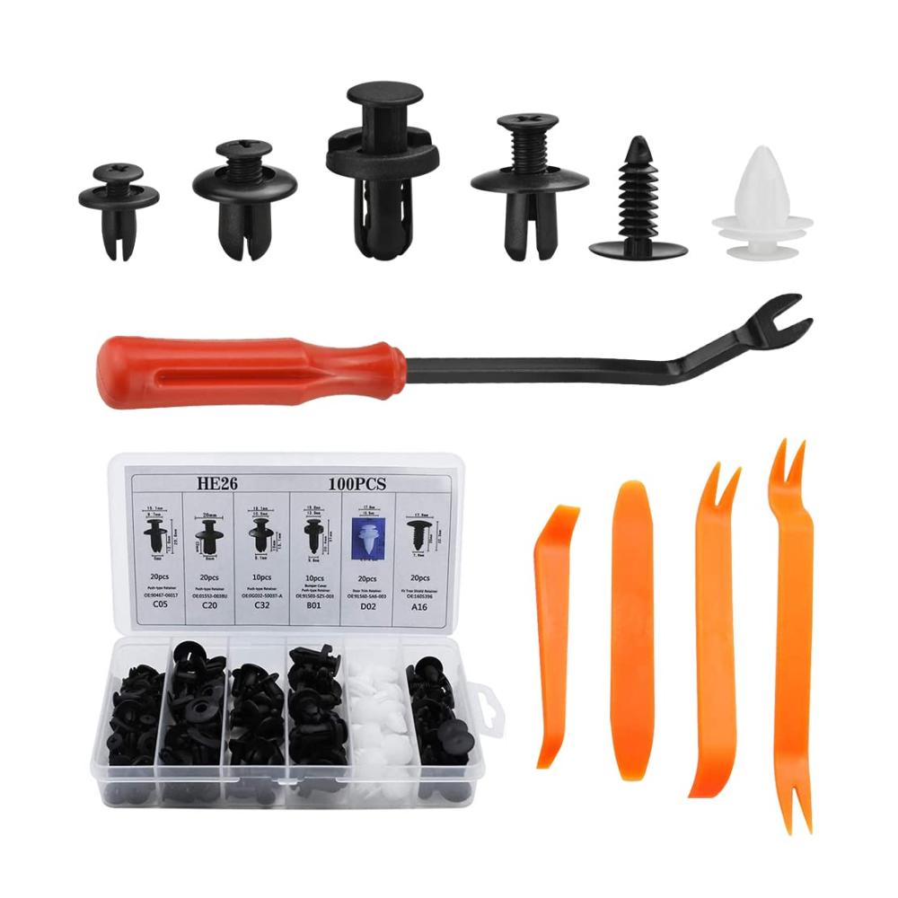 Premium Auto Befestigung Clips Set 100 Stück - Universelles Set (C05 C20 C32 B01 D02 A16) inklusive 5 Demontage Werkzeuge - Stoßstangenhalter Türverkleidung Klammern und Kunststoffnieten Clips für Autos - Effizient und langlebig