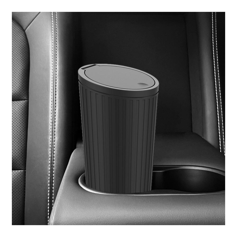 Praktischer Auto Mülleimer mit Deckel und Becherhalter | Mini Abfalleimer für Fahrzeug und Zuhause | Idealer Getränkehalter für unterwegs | Schwarz (01