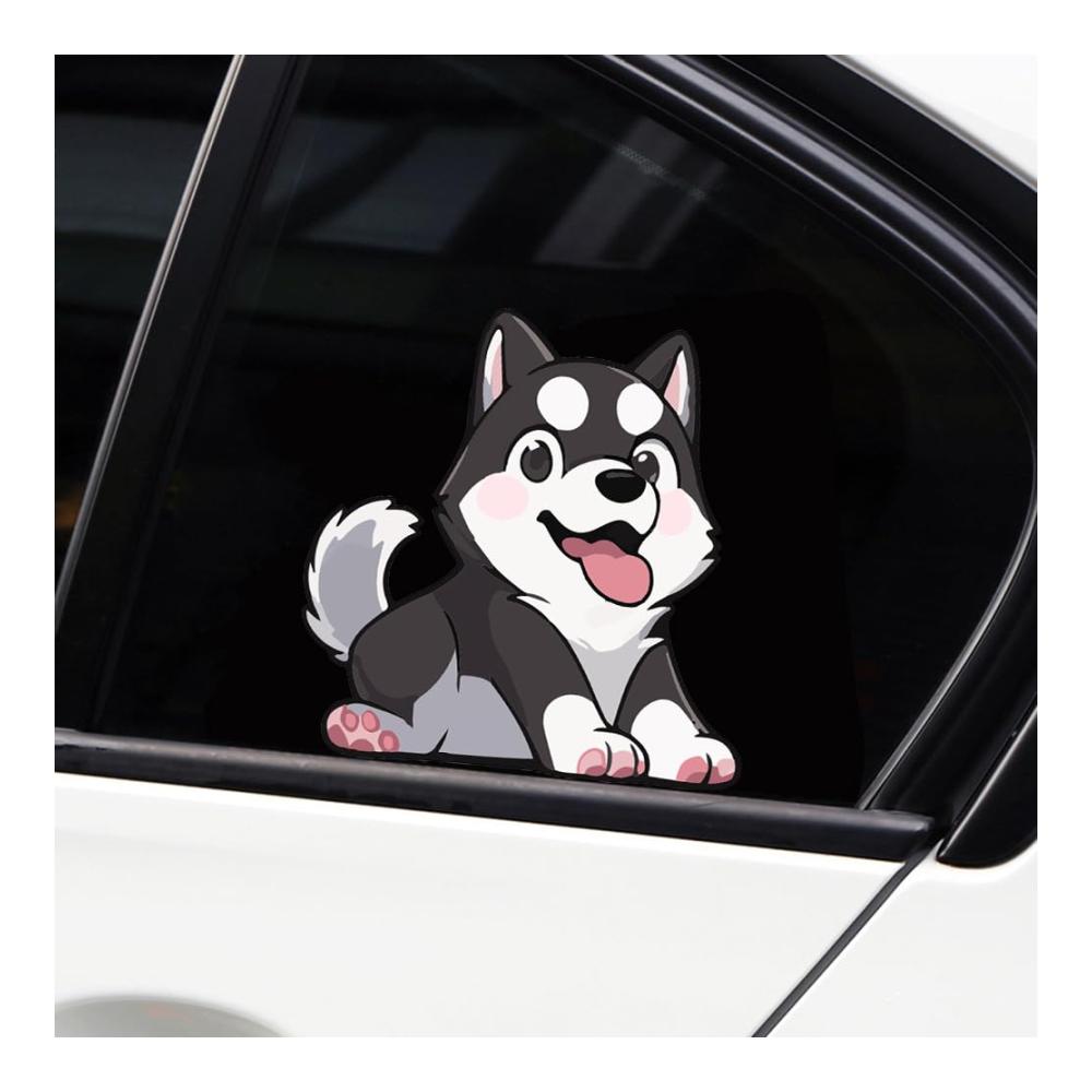 Lustige Husky-Fensteraufkleber | Cartoon-Tier | Wasserdichte Autoaufkleber und Aufkleber | Doppelseitiger Druck | Fensteraufkleber für Autos Motorräder Laptops und mehr | Hervorragende Wandkunst | Hochwertige Aufkleber für Tierliebhaber