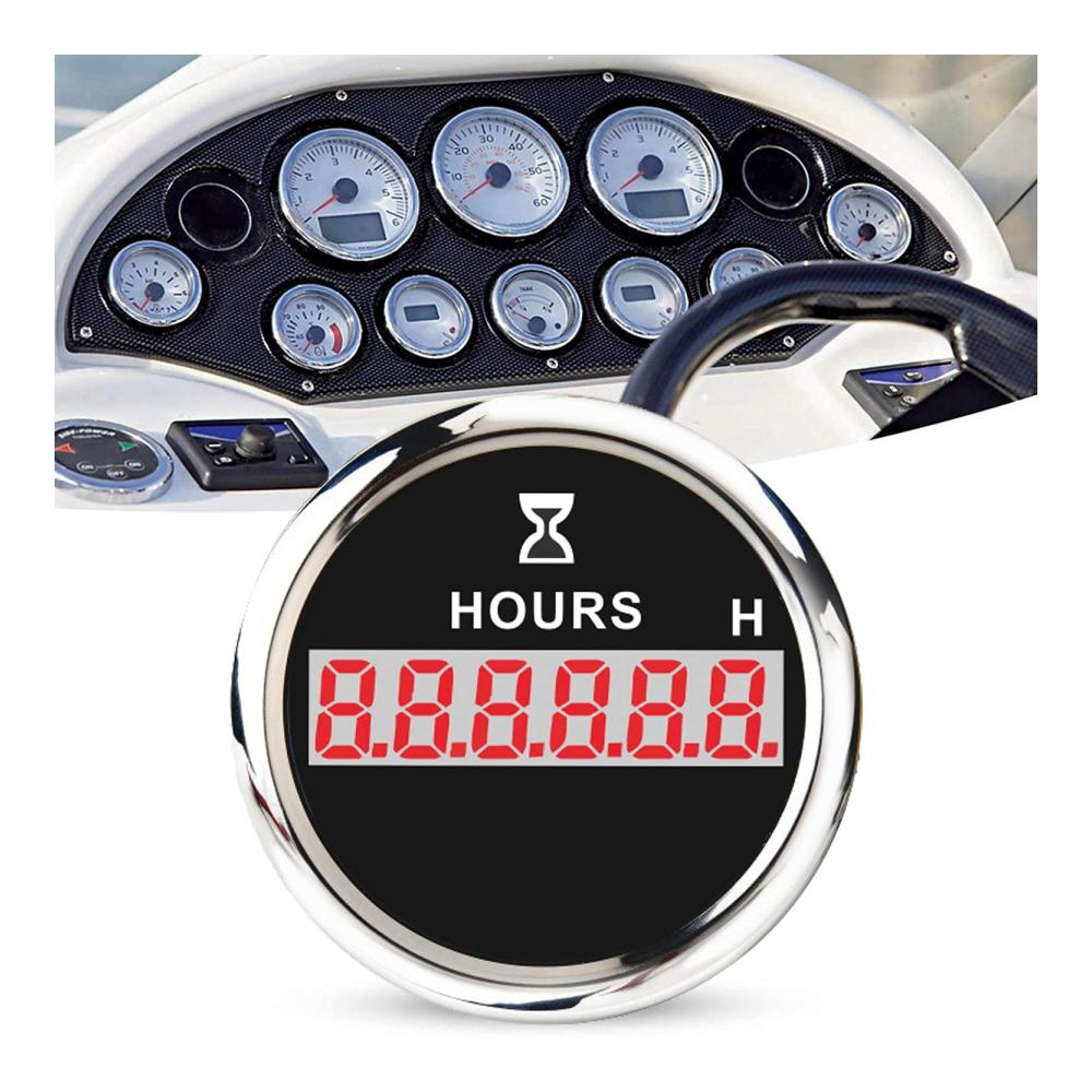 Armaturenbretter 52mm Digitaler Betriebsstundenzähler 0-99999.9H - Universelles Edelstahl Display mit Alarm & roter Hintergrundbeleuchtung - Präzise Zeiterfassung für Fahrzeugwartung - Schwarz