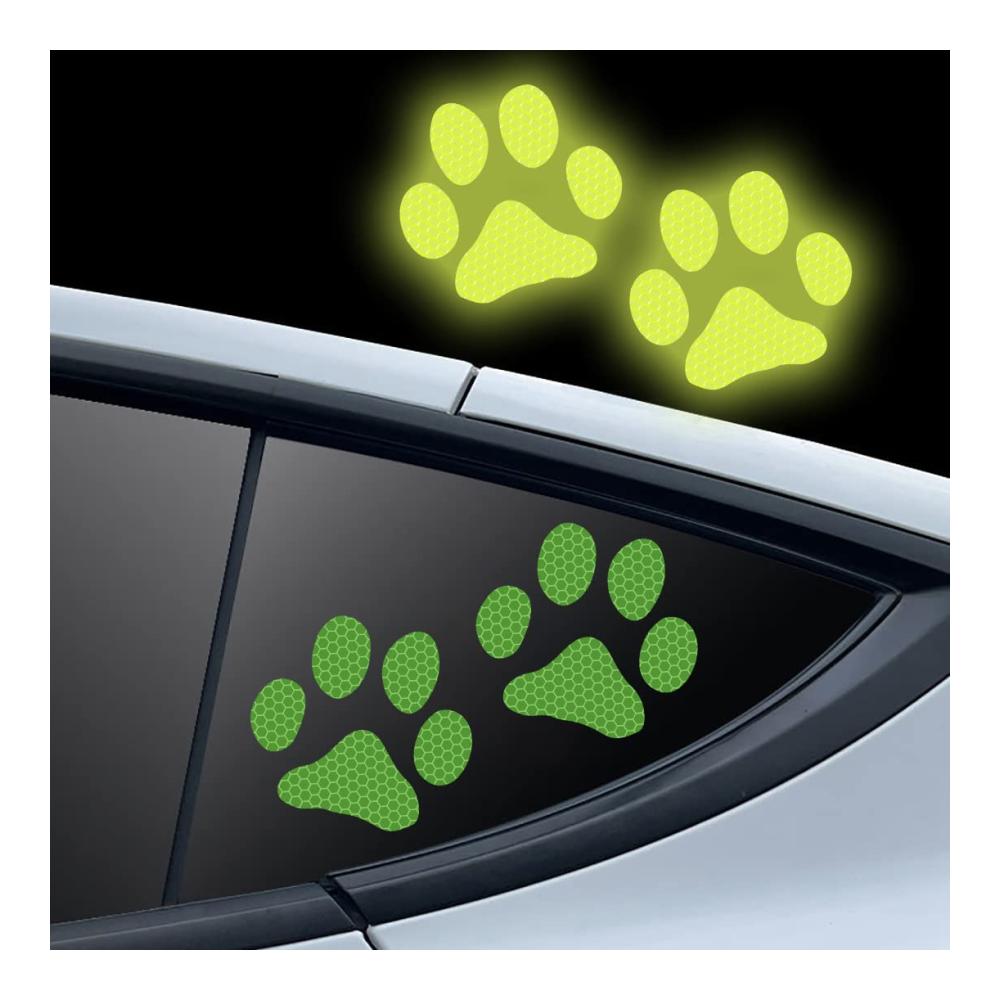 2er Set Reflektierende Aufkleber Sicherheitswarnschilder mit Hundepfoten fürs Auto | Wasserfestes Vinyl für extra Schutz | Leuchtende Hundepfoten Fußabdrücke