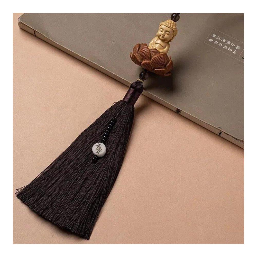 Einzigartiger Innenspiegel Anhänger Buddha Auto Hangszubehör aus Boxholz für Männer und Frauen. Blumen Ornament mit geflochtenem Seil für stilvolles Autofahren