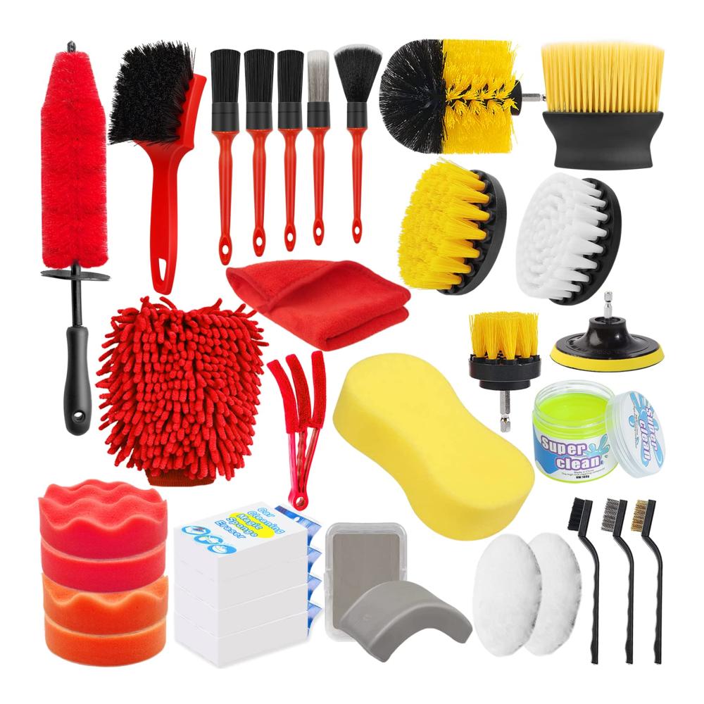 32er Auto Reinigung Bürsten Pinsel Set - Professionelles Detailing Autobürste Set für außen und innen. Reinigungsset mit Reifenbürste Felgenbürste Bohrbürsten Lehmstange Waschhandschuh & Schmutzradierer. Perfekte Pflege für Ihr Fahrzeug