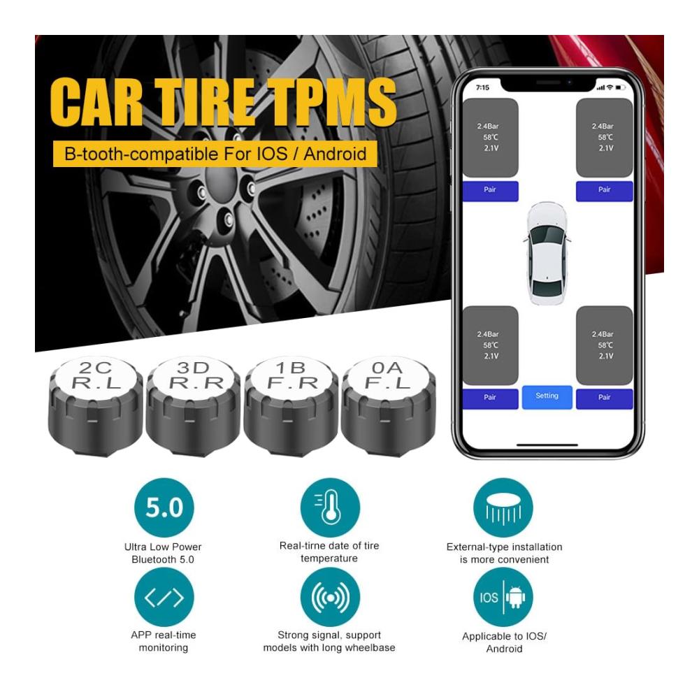 Entwickelte Ersatzsensoren für ultimative Sicherheit! Bluetooth TPMS Reifendrucküberwachungssystem - Kompatibel mit Auto SUV Motorrad ATV Van (3 Räder) - Präzise Überwachung und Warnungen für eine sichere Fahrt - Innovatives Design für maximale Leistung und Zuverlässigkeit - Einfache Installation für sofortige Ergebnisse