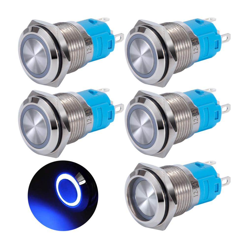 Entdecken Sie Präzision mit unserem Wasserdichten Druckschalter Set! 16mm Taster mit LED 12-24 V 3A. Verriegelungsfunktion 5 Pin Blau Ring LED-Licht. Perfekt für Auto KFZ Boot Motorrad. 5er Pack