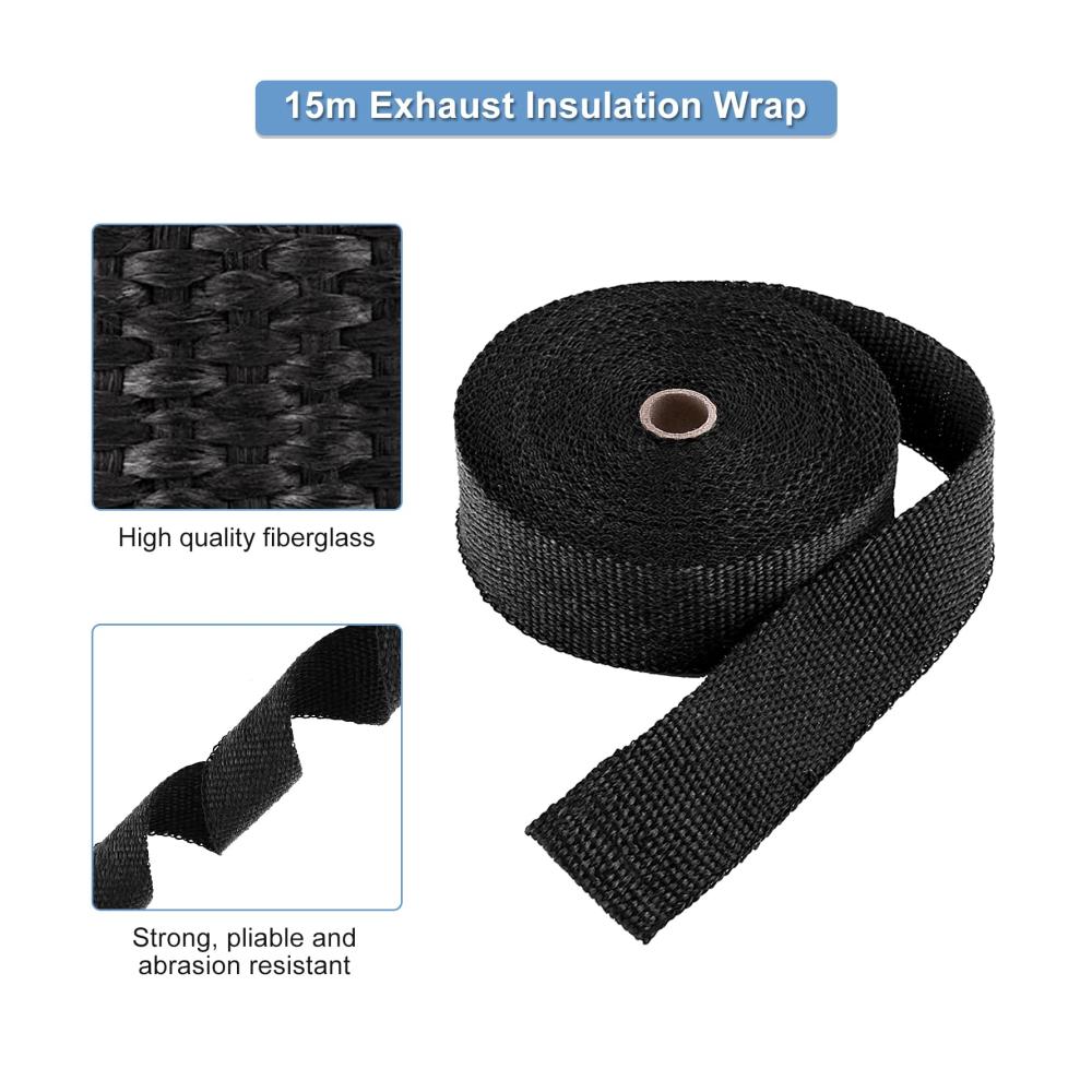15M Hitzeschutzband für Motorräder – Titan Bandage mit Edelstahl Schnalle – Hitzebeständiges Fiberglas Auspuffband – Schützen Sie Ihren Auspuff effektiv – 10 Stück 15 Meter Wärmedämmband inklusive