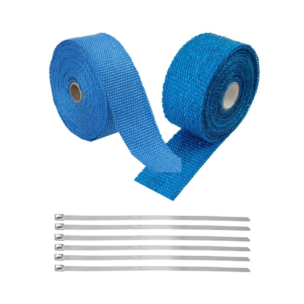 Schützen Sie Ihren Auspuff effektiv! 2er Set Hitzeschutzband aus Basaltfaser mit Kabelbinder für Fächerkrümmer und Auspuffanlagen. Hitzeisolierung (2.5CM X 5M) - Blau