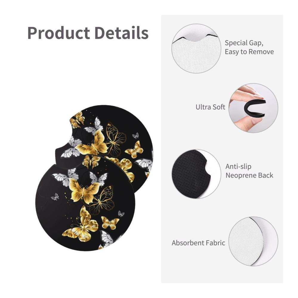 Genießen Sie stilvolle Fahrten mit unseren wasserdichten, rutschfesten Auto-Untersetzern für Getränkehalter! 2er-Set in Gold mit weißen Schmetterlingen und elegantem Schwarz. Perfektes Autozubehör