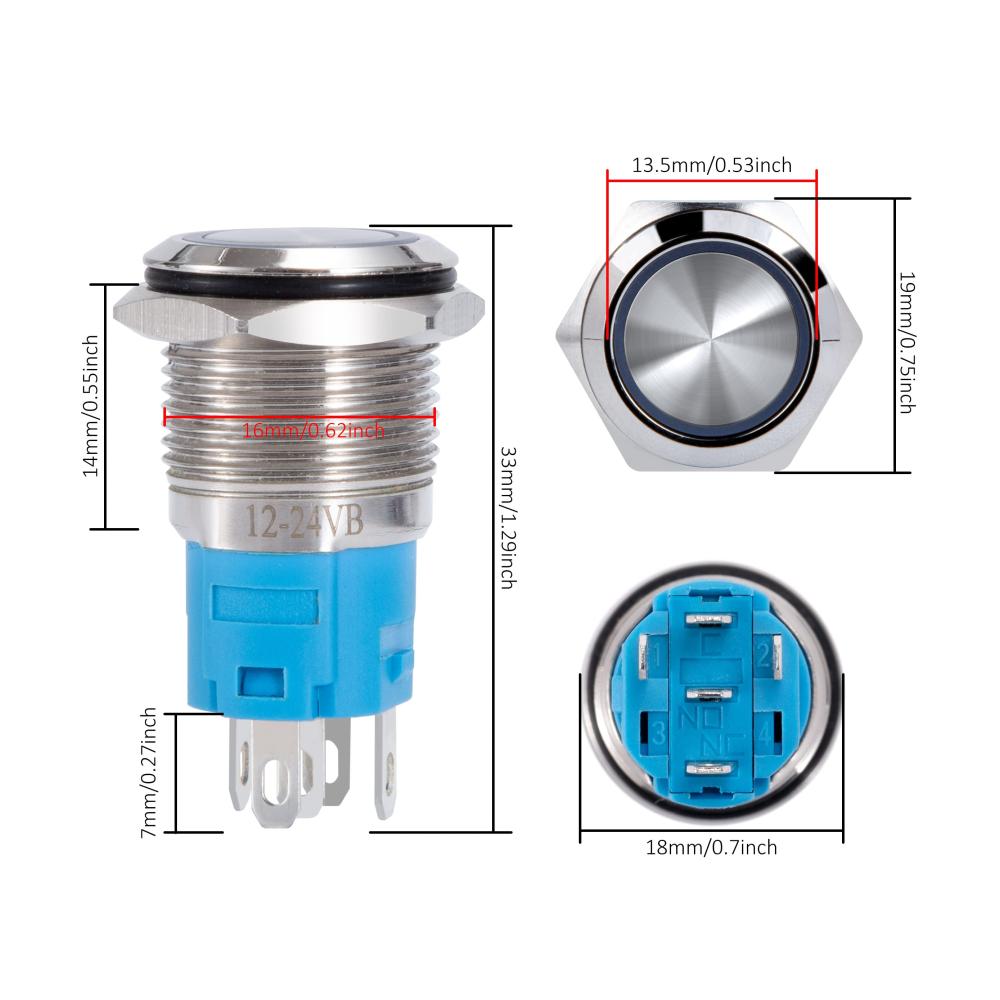 Entdecken Sie Präzision mit unserem Wasserdichten Druckschalter Set! 16mm Taster mit LED 12-24 V 3A. Verriegelungsfunktion 5 Pin Blau Ring LED-Licht. Perfekt für Auto KFZ Boot Motorrad. 5er Pack