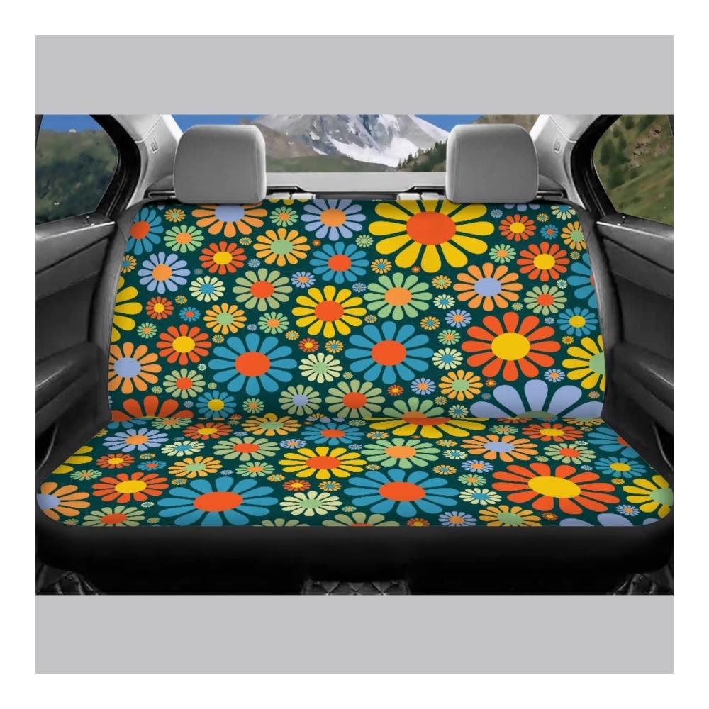 Schützen Sie Ihre Autositze mit Stil! Hippie-Blumenmuster Sitzbezügeset für Frauen - 4-teiliges Set bunte Blumen inklusive Kissen. Erfrischen Sie Ihr Auto jetzt