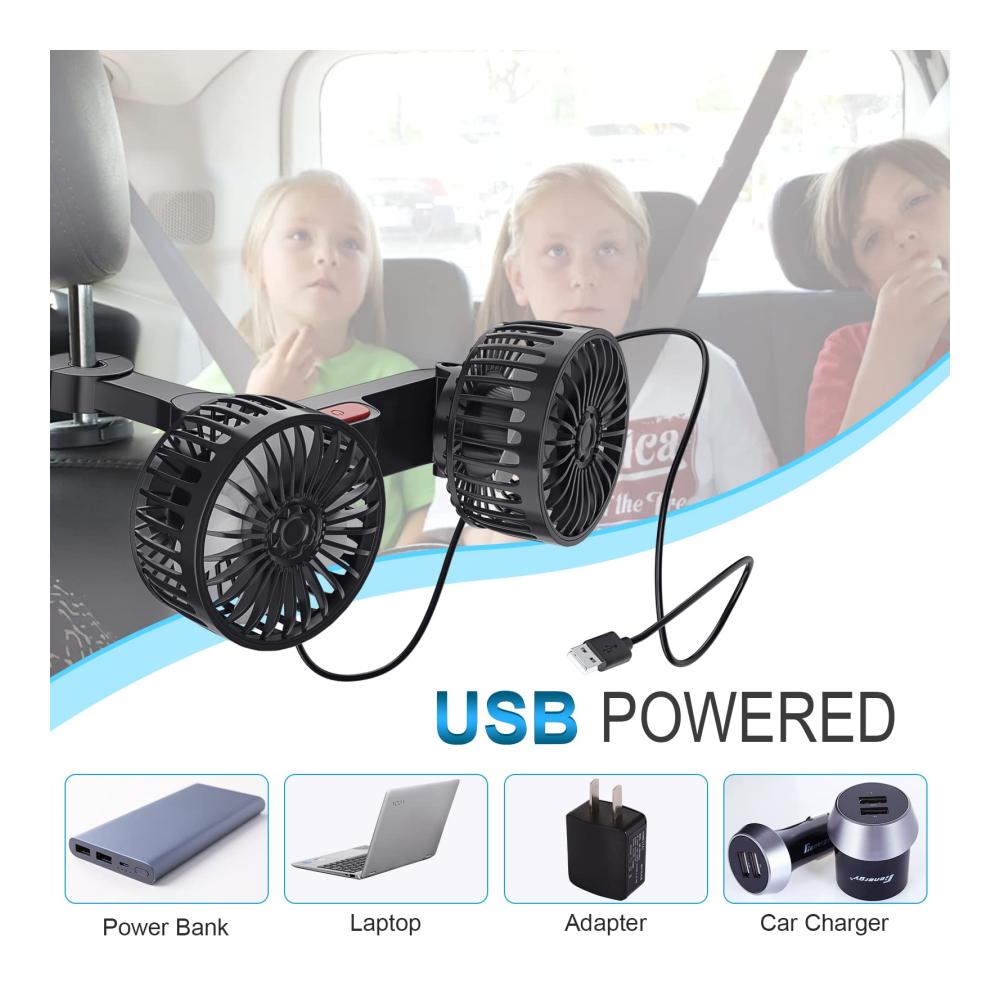 Tragbarer USB-Autolüfter mit Doppelkopf 3 Geschwindigkeiten & 360°-Drehung - Clip-Fan für Limousinen SUVs & Wohnmobile - Ideal für unterwegs