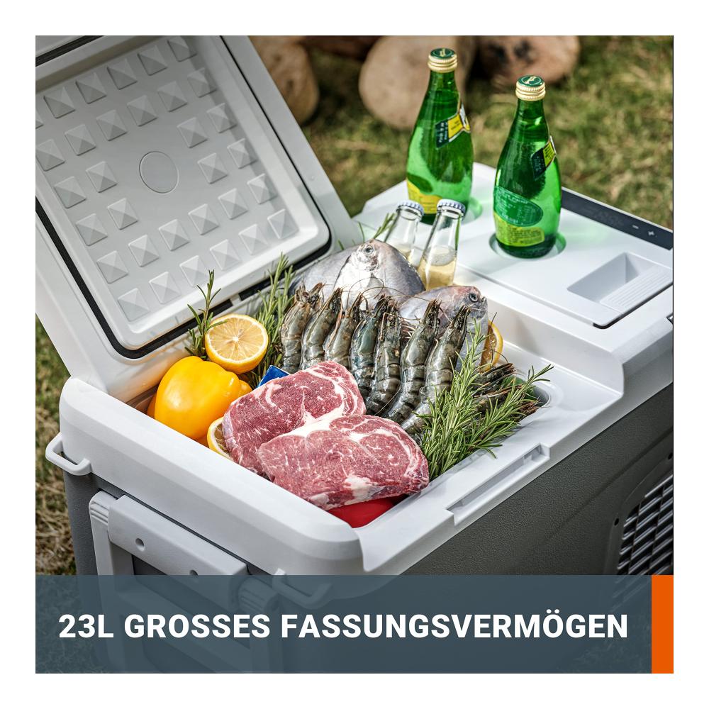 Kühlbox 23L für Unterwegs 18V (20V MAX) Mobile Kühlbox WX876 mit PowerShare 20V AC/DC-Anschluss -20℃-20℃ ideal für Baustelle Camping & Autofahrt – Zuggriff & Rad inklusive