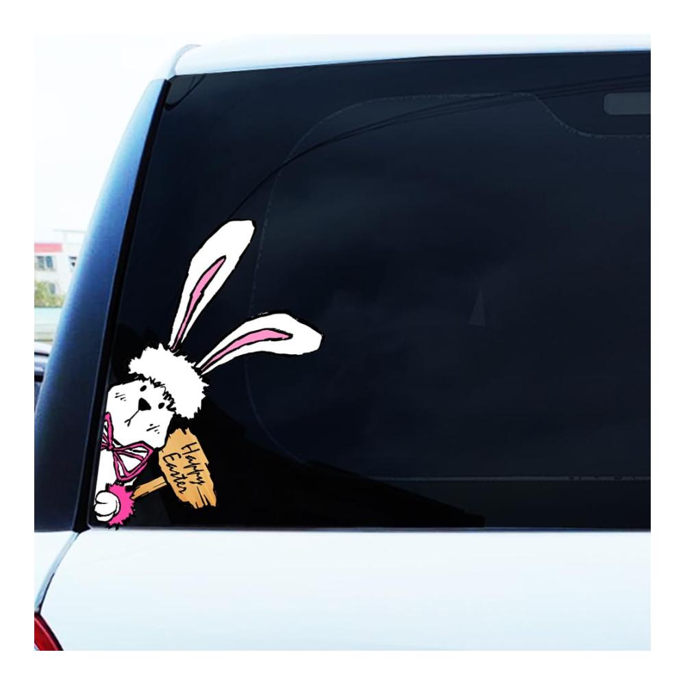 Dreothy Vinyl-Aufkleber Happy Easter | Wasserfester Cartoon-Hase für Auto LKW Laptop Motorrad & mehr | Fröhliche Ostern Fensteraufkleber & Wandkunst | Autoaufkleber (links) | Weiße Hasen