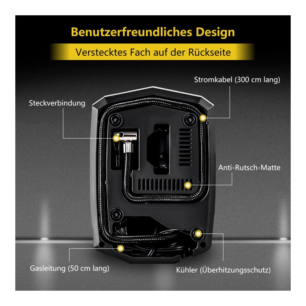 Hochleistungs-Reifendruckkompressor & Pumpe – Tragbare 12V Luftkompressor mit LED-Lichtern und 3 Adaptern für Autoreifen und Aufblasbares – Effizientes Aufpumpen für sicheres Fahren und Freizeitspaß